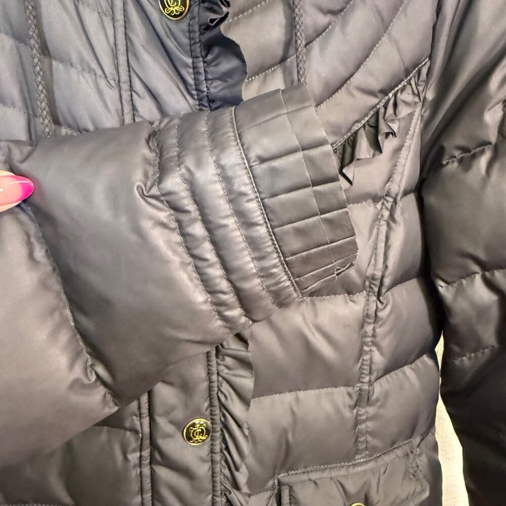 Juicy Couture Black Puffer Faux Fur Removable Hood Medium Y2K Gold Zip - Picture 16 of 16